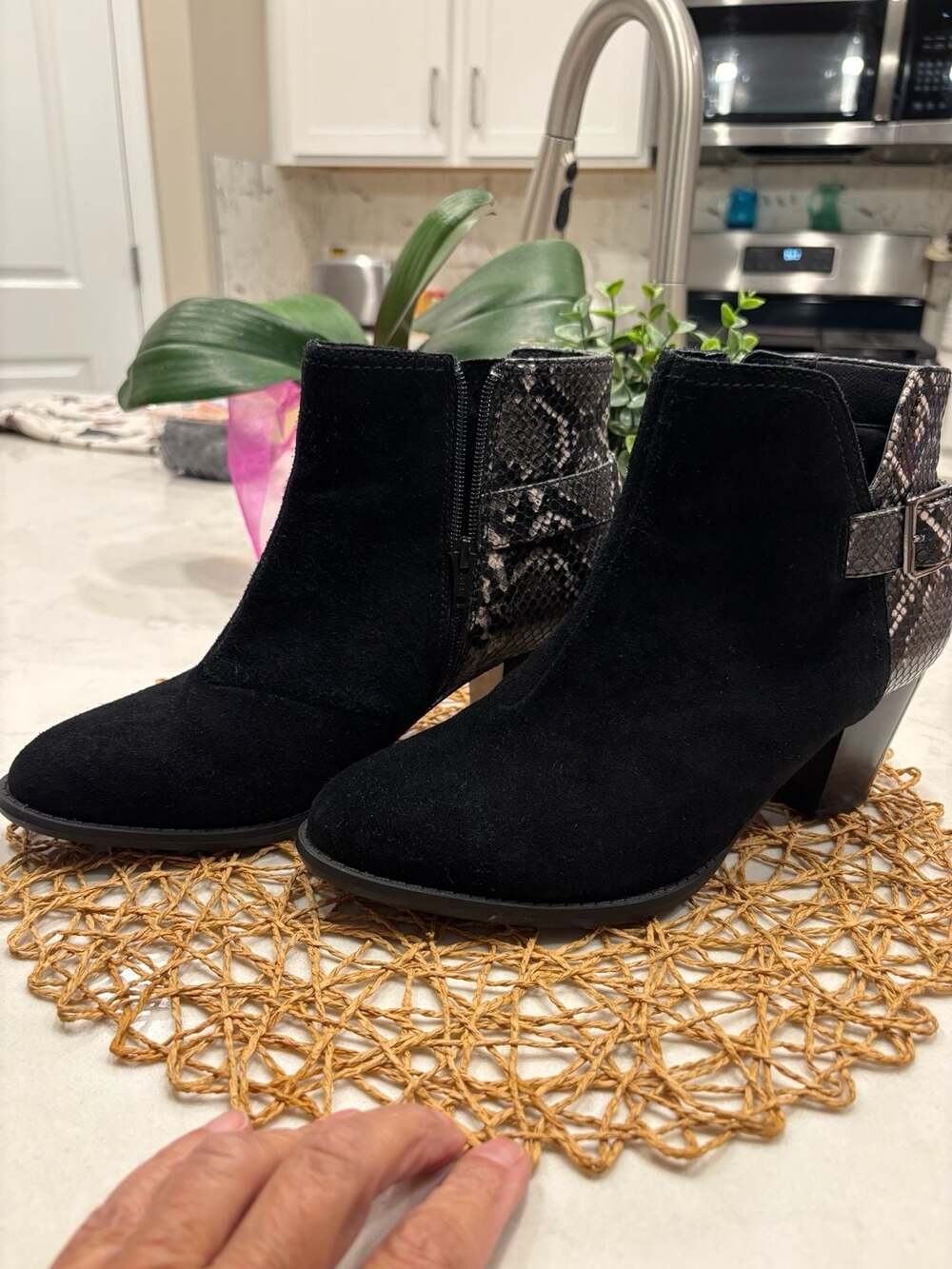 Vionic Naomi Snake Print Black Suede Ankle Booties